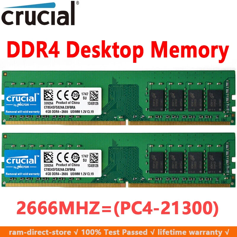 Crucial DDR4 8GB 2X4GB 2666 Mhz  PC4-21300 288pins Desktop Memory Dimm Ram - Image 1 of 4