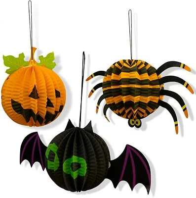 CAPRILITE 3 x Halloween Paper 3D Hanging Decorations Set Spider Bat Pumpkin UK