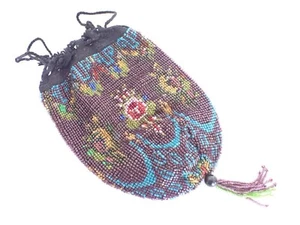 Victorian Antique Vintage Microbead Beaded Floral Drawstring Purse w/ Tassel - Picture 1 of 6