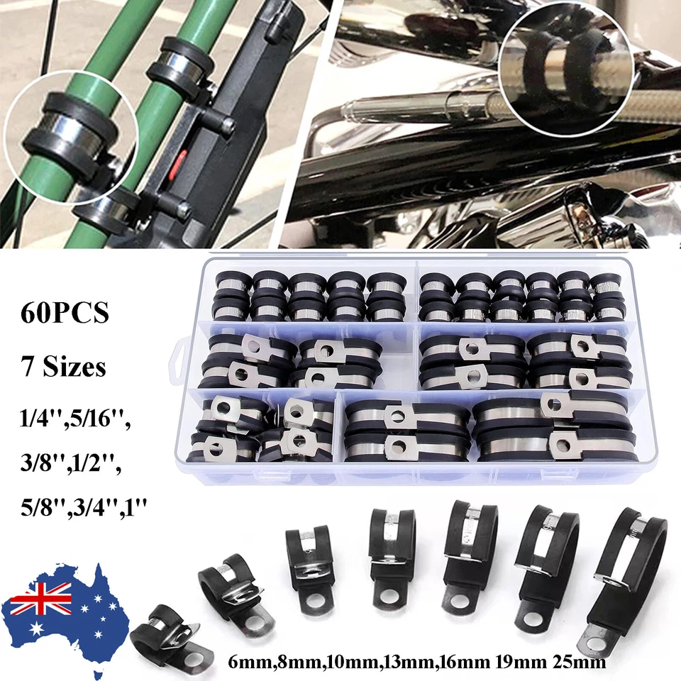 60pcs Rubber Lined P Clips Hose Pipe Clamps Cable Mounting Clip Stainless Steel - image 1 of 4