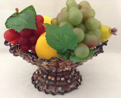 Beaded Wire Metal Frame Basket Multicolor and Plastic Fruit Banana Grapes Lemon Cover