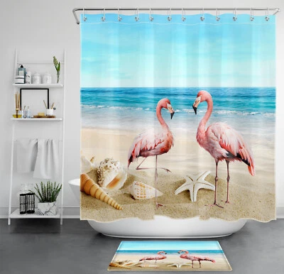 Beach Ocean Nature Scenery Pink Flamingo Shower Curtain Set for Bathroom Decor - Image 1 of 4