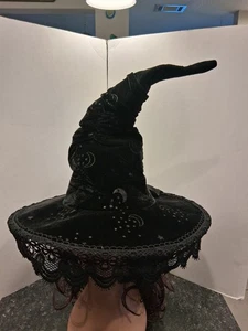 Witch Hat Black Velvet Moon+Stars Design With Lace Edge New - Picture 1 of 11