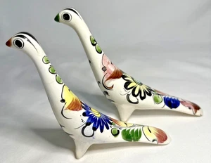 TWO Mexican Dove Bird Long Neck Hand Painted Pottery Figurines Vintage **CRACK** - Picture 1 of 11