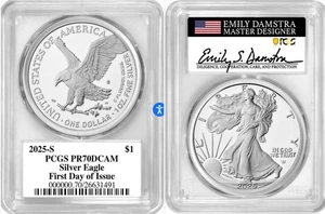 2025 S $1 ASE PCGS PF70 FIRST DAY OF ISSUE DAMSTRA (LAST S PROOF) FLAG LABEL - Picture 1 of 1
