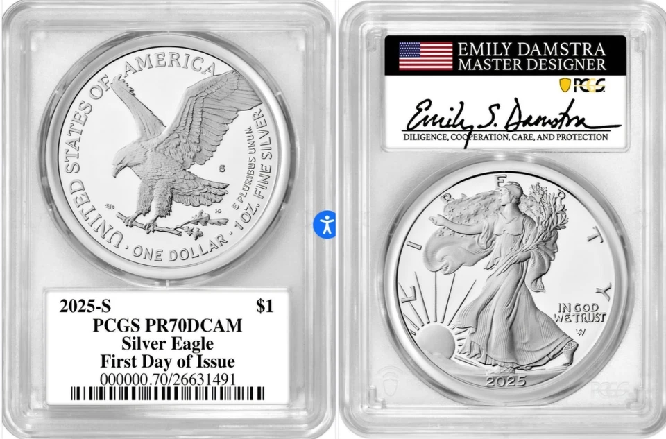 2025 S $1 ASE PCGS PF70 FIRST DAY OF ISSUE DAMSTRA (LAST S PROOF) FLAG LABEL - Image 1 of 1