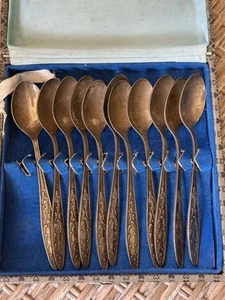 Vintage USSR Melchior Teaspoons in Box Soviet Silver Plate Ornate Design - 11pcs - Picture 1 of 11
