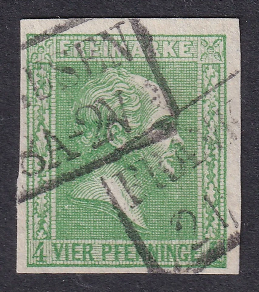 PRUSSIA 1858 Friedrich Wilhelm IV 4pf Yellow-Green SG 14 Used (CV £60) - Image 1 of 1