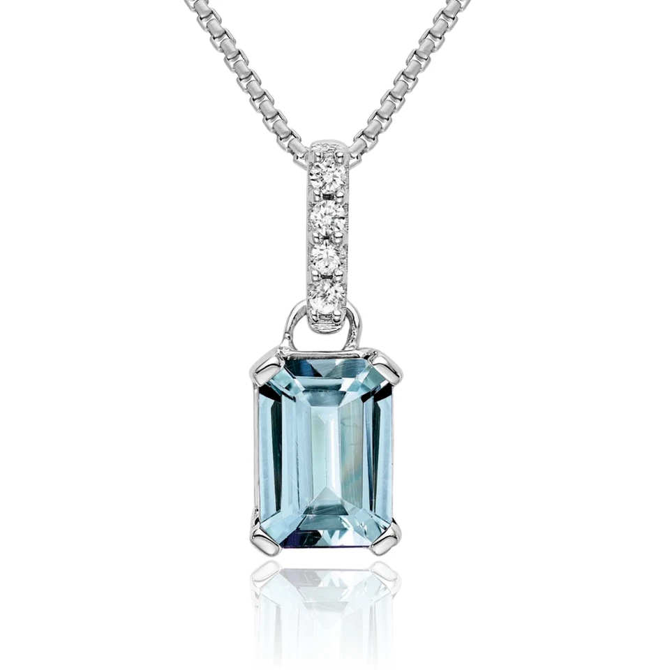 10K Solid White Gold Aquamarine Diamond Necklace - Image 1 of 1