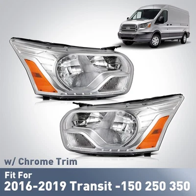 Pair LH&RH 2015-2024 Ford Transit 150 250 350 Halogen Chrome Headlights Assy - Image 1 of 4