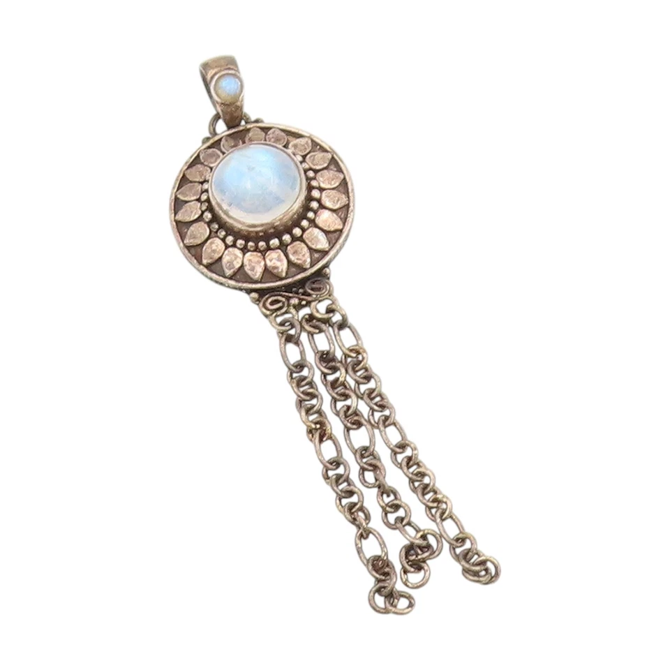 925 Sterling Silver Vintage Pendant Round Cabochon Moonstone Dangle  PT25543 - Image 1 of 4