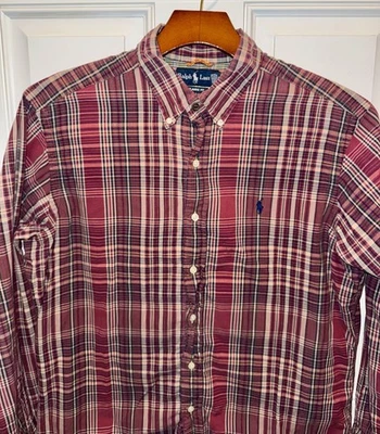 Polo Ralph Lauren Mens Cotton Classic Fit LS Button Up Maroon Plaid Shirt Large - Image 1 of 4