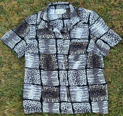 Kathy Che Button Up Collared Blouse Size Small Animal Print Black White - Image 1 of 3