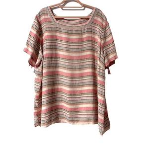 TALBOTS 100% Linen Blouse Size 3X Striped Tie Sleeve Square Neck Top - Picture 1 of 8