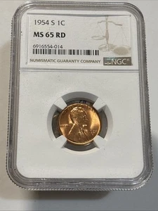 NGC 1954-S Lincoln Wheat Cent Graded MS65 RD - Picture 1 of 2