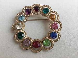 Vintage LISA Gold Tone 12 month Birthstone Circle Brooch Pin colorful EUC Broach - Picture 1 of 3