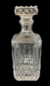 Vintage Clear Crystal Glass Square Decanter w/ Stopper Diamond Whiskey Barware - Picture 1 of 11