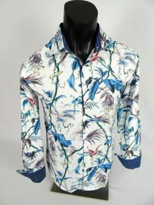 Mens Casual Dress Shirt White Tropical Florals Button Front Signature Slim Fit - Picture 1 of 5