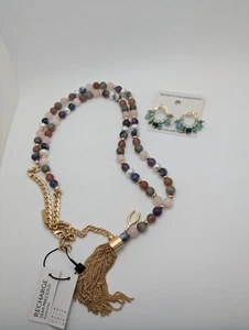 Whbm Pulido Océano Jaspe y Tono Dorado 42” Collar/Pendientes Borla Wishbone  - Imagen 1 de 9