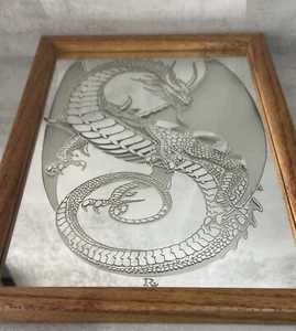 Vintage 1980s Retro Dragon Frosted 13"x9" Mirror Framed Wall Art Man Cave Decor - Picture 1 of 6