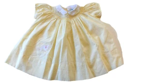 Vintage 60s Baby Girl Nannette Yellow Handmade Cotton Dress Applique Cat Smocked - Picture 1 of 13