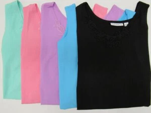 NEW Susan Graver Crocheted Trim Stretch Cotton Sleeveless V-Neck Shirt Womens - Picture 1 of 6