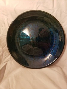 Handcrafted Dark Blue & Black Sparkle Finish Studio Art Bubble Glass Plate - Picture 1 of 7