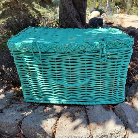 Vtg 23" Turquoise Wicker Rattan Chest Trunk Storage Mid Century Boho Shabby Chic Cover