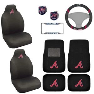 10PC MLB ATLANTA BRAVES Seat Cover Wheel Cover Floor Mat License Frame Air Fresh - Picture 1 of 11
