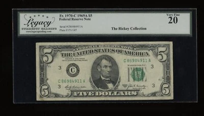 DBR 1969-A $5 FRN Philadelphia Fr. 1970-C Legacy VF-20 Serial C86984911A - Image 1 of 2