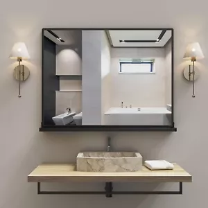 Black Bathroom Wall Mirror with Shelf, 32" × 24" Metal Frame Rectangle Bathroom - Picture 1 of 8