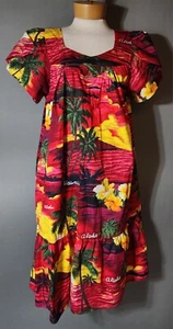 Ali'i Fashions Sz M Hawaii Red Palm Tree Floral Sunset MuuMuu Midi Luau Dress - Picture 1 of 11