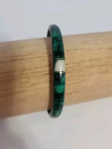 Vtg Malachite Stone And Brass Bangle Bracelet Cuff Healing Brass Inlay W/ Quartz - Picture 1 of 6