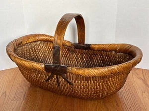 Chinese Rice Gathering Willow Basket w/ Handle & Iron Accents – 24.25” Long! - Picture 1 of 17