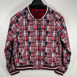 Giacca Tommy Hilfiger patchwork plaid Varsity rosso bianco blu misto cotone grande - Foto 1 di 10