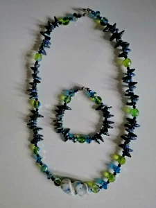 Vintage AB Blue Green Glass Beaded Necklace &Bracelet Set - Picture 1 of 4