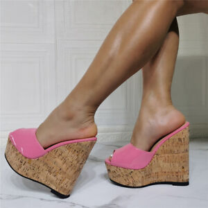 Women High Wedge Platform Clog Heels Slippers Open Toe Patent Leather Sandals SZ
