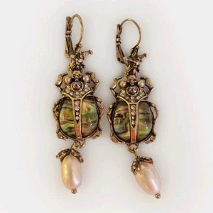Egyptian Revival Scarab Earrings Beetle Rhinestone Abalone Dangle Pierced - Picture 1 of 10