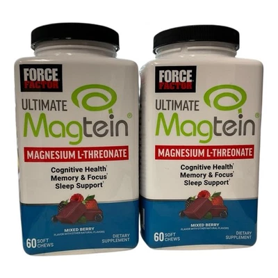 2 Force Factor Ultimate Magtein magnésio L-treonato 60 mastigações macias cada. 26/12 - Imagem 1 de 4