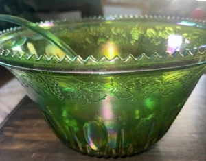 Indiana Green Iridescent Carnival Glass 12" Harvest Grape Punch Bowl - Picture 1 of 5