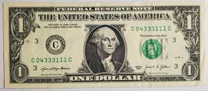 Billete de un dólar doble tres en una fila número de serie elegante C04333111C 2021 - Imagen 1 de 2