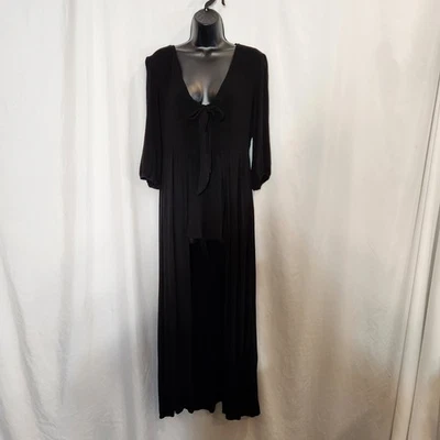 PINK LILY Black Tie Front Ribbed Duster Romper Goth Witchy Witch Womens Large L  - Image 1 of 4