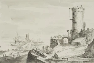 K. HOOG (19.Jhd), Befestigter und bewachter Hafen,  1842, Pinselzeichnung - Bild 1 von 4