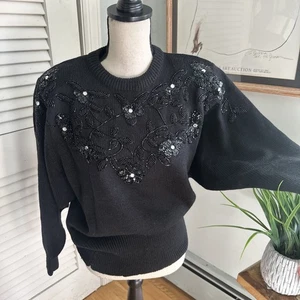 Maglione vintage TERRACOTTA donna nero medio impreziosito manica a sbuffo retrò anni 80 - Foto 1 di 10