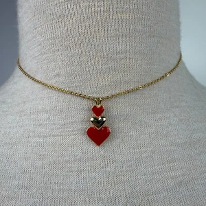 Vintage Red Enamel Stacked Heart Gold Tone Pendant Necklace - Picture 1 of 5