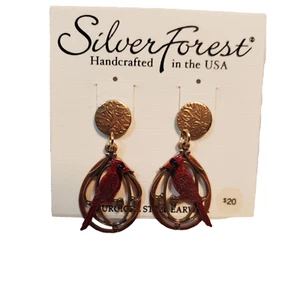 Silver Forest Gold Tone Red Cardinal Stud Earrings Surgical Steel Dangle - Picture 1 of 10