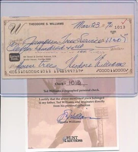Ted Williams Check Autograph Theodore Williams Signed COA by Claudia Williams - Picture 1 of 2