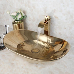 Golden Badezimmer Gefäß Waschbecken Oval Waschtisch Schüssel Mischbatterie Deckmontage Ablauf Wasserfall Wasserhahn - Bild 1 von 12