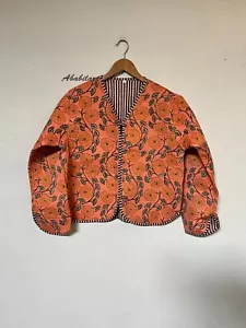 Indian Orange Floral Print Cotton Quilted Jacket Vintage Reversible Jacket - Picture 1 of 7
