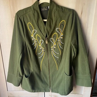Chaqueta de mezclilla inteligente Bob Mackie bordada verde oliva algodón ligero con cremallera Foto 1 de 4